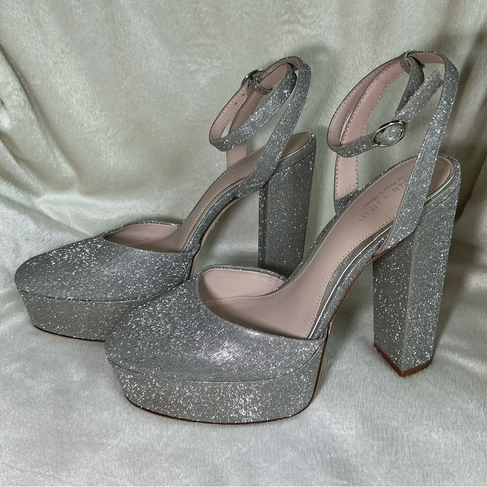 NEW Antonio Melani X Born on Fifth “Liv” Silver Metallic Glitter Platform Pumps